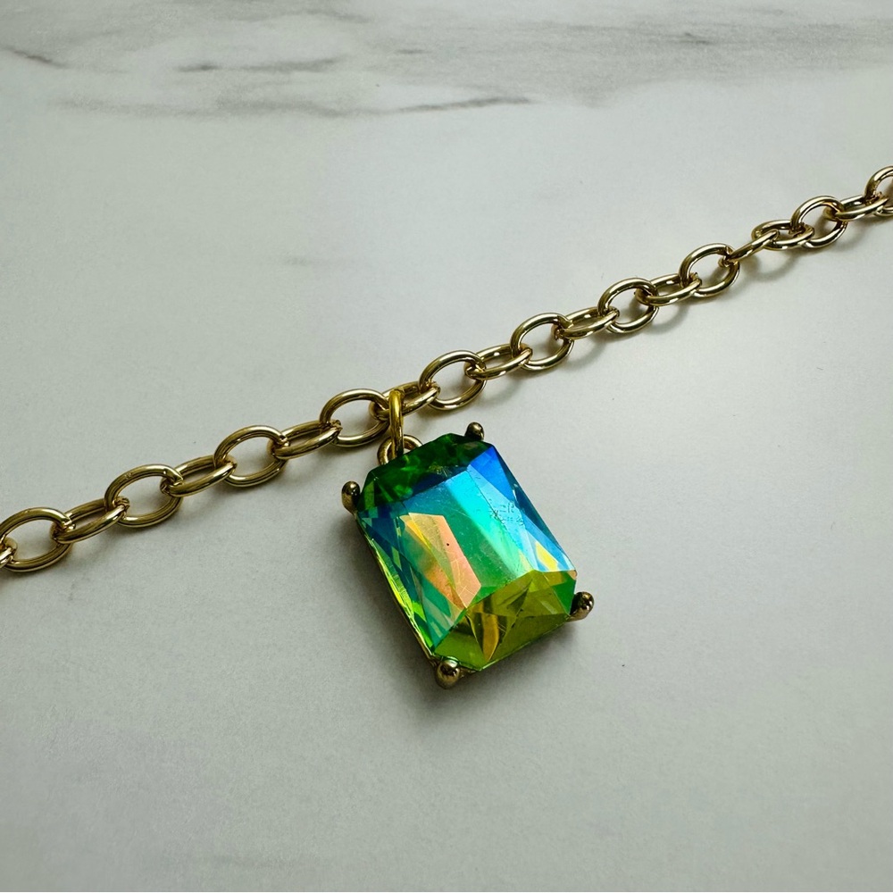 Handcrafted Gold Tone Bracelet w/ Iridescent Gemstone Pendant | 7” - Picture 11 of 13